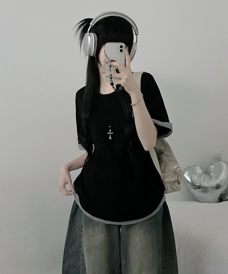 포켓더블배색레이어드라운드박스핏반팔티 블랙