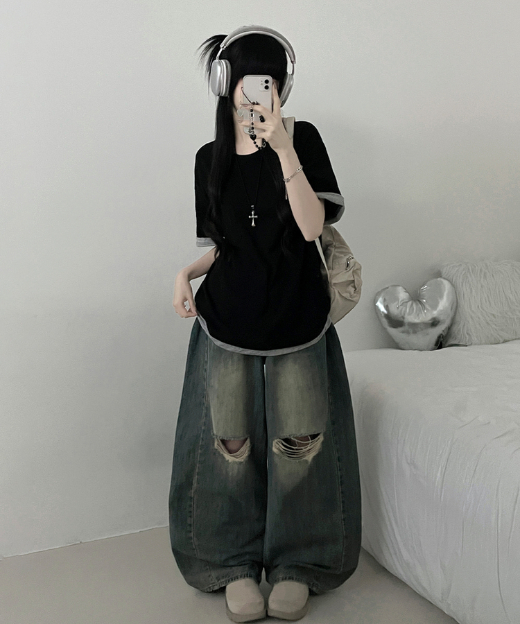 포켓더블배색레이어드라운드박스핏반팔티 블랙
