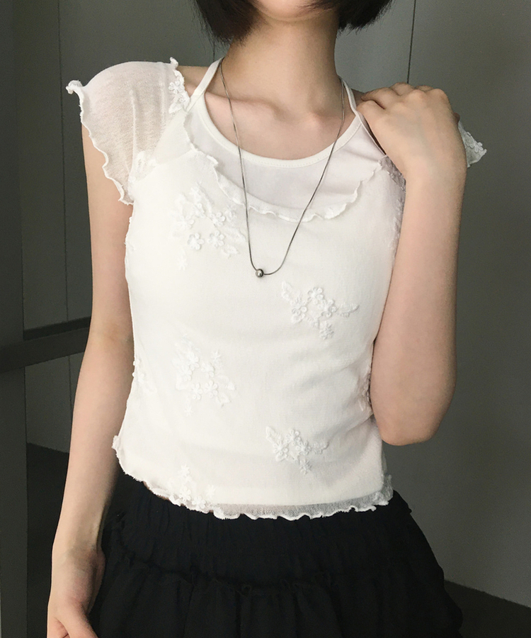 【SET】花刺繍シアーTシャツ ホルターネックキャミソール IVORY