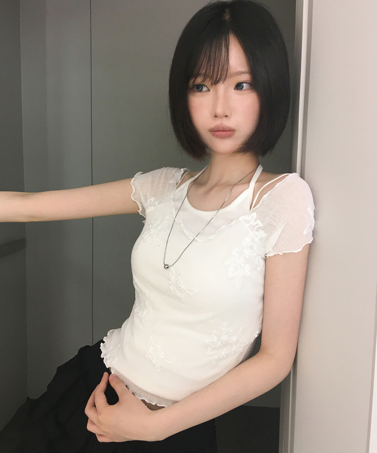 【SET】花刺繍シアーTシャツ ホルターネックキャミソール IVORY