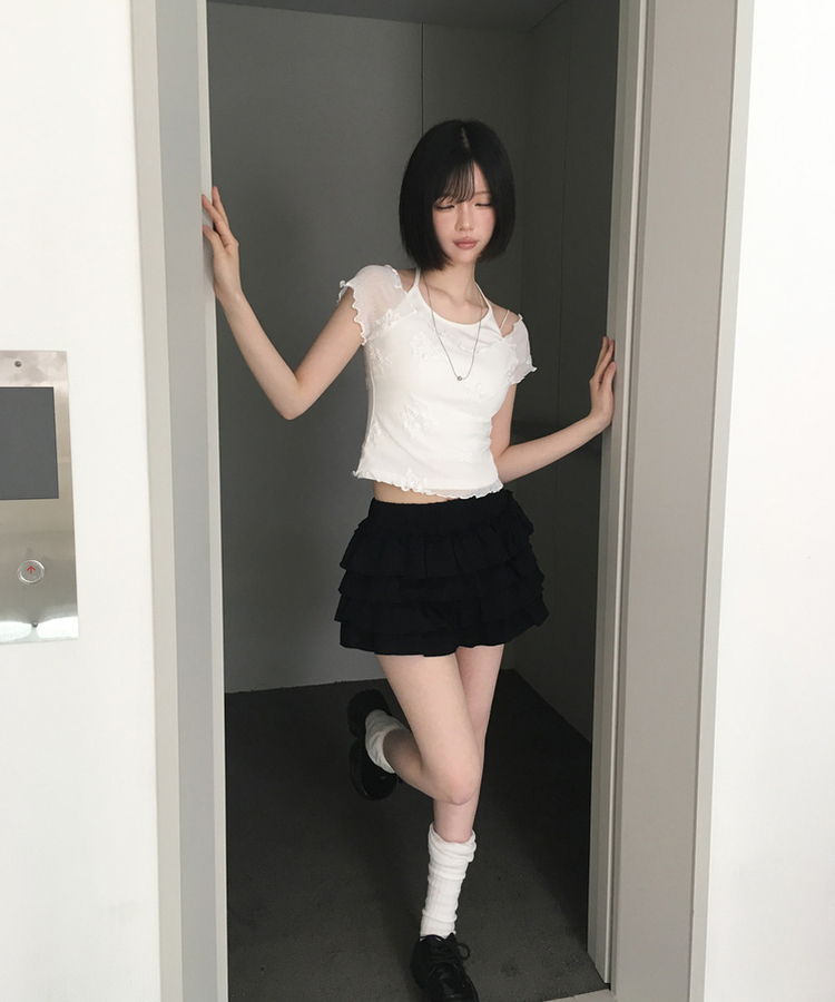 【SET】花刺繍シアーTシャツ ホルターネックキャミソール IVORY