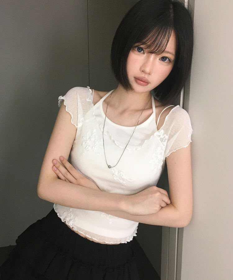 【SET】花刺繍シアーTシャツ ホルターネックキャミソール IVORY