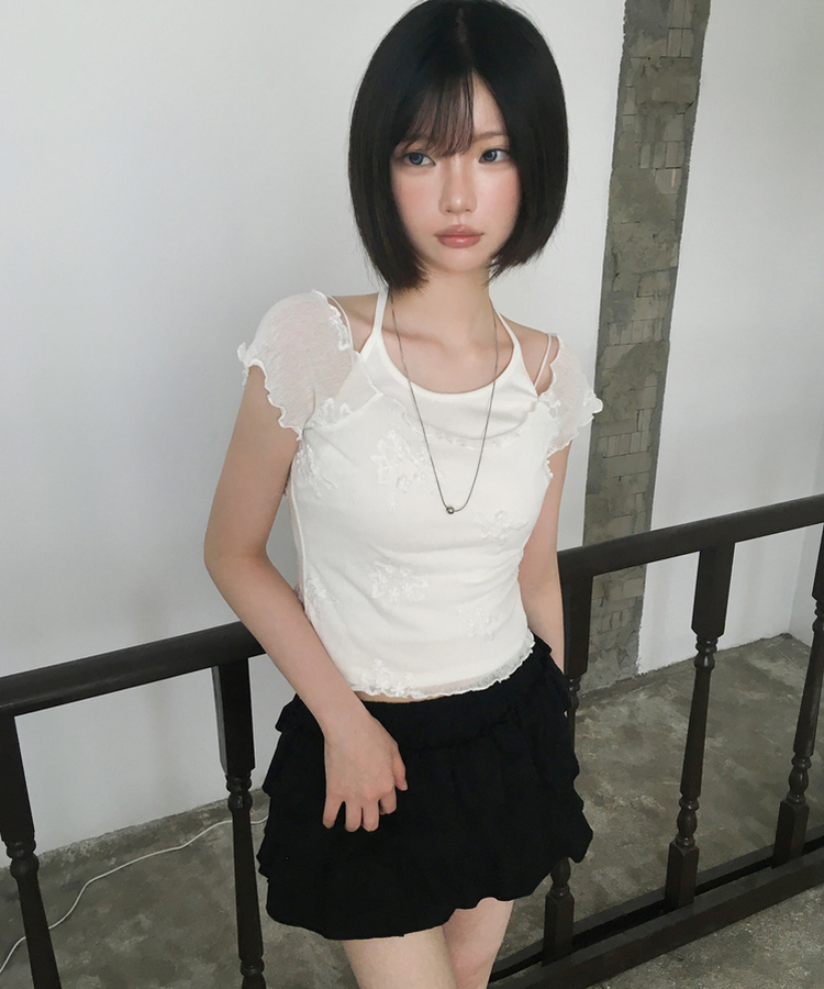 【SET】花刺繍シアーTシャツ ホルターネックキャミソール IVORY