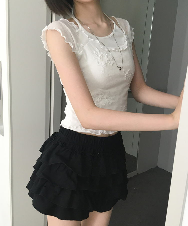 【SET】花刺繍シアーTシャツ ホルターネックキャミソール IVORY