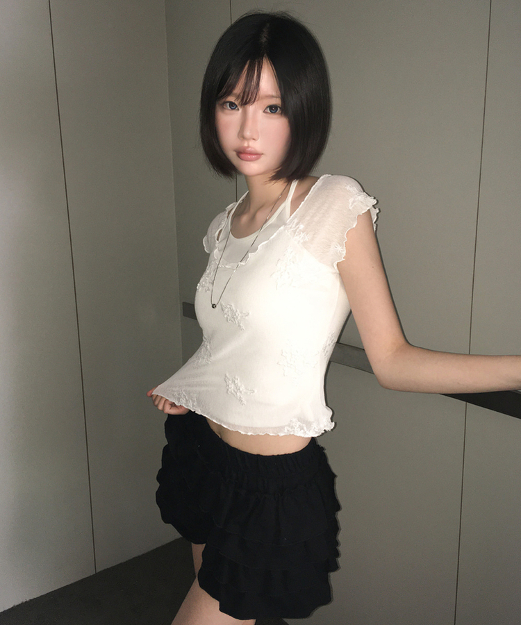 【SET】花刺繍シアーTシャツ ホルターネックキャミソール IVORY