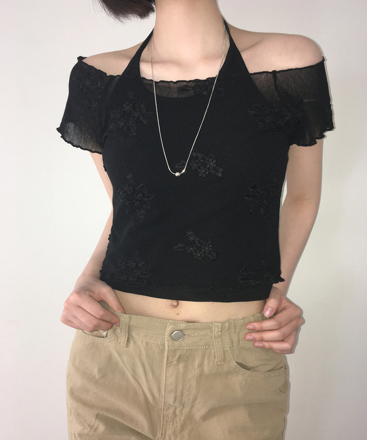 【SET】花刺繍シアーTシャツ ホルターネックキャミソール BLACK