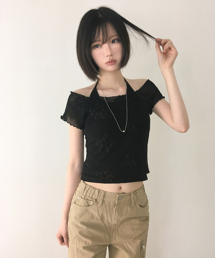 【SET】花刺繍シアーTシャツ ホルターネックキャミソール BLACK