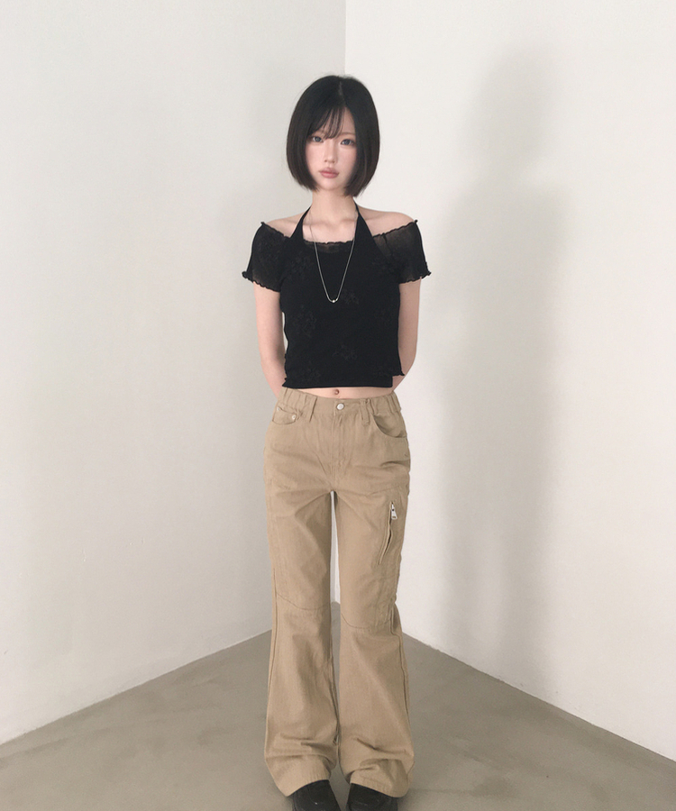 【SET】花刺繍シアーTシャツ ホルターネックキャミソール BLACK