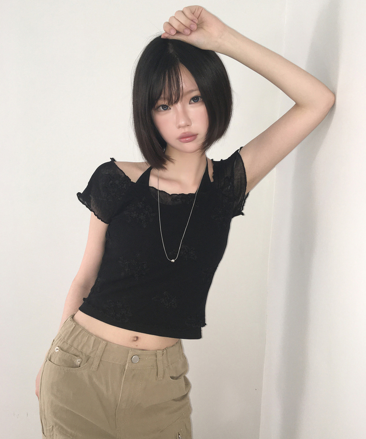 【SET】花刺繍シアーTシャツ ホルターネックキャミソール BLACK