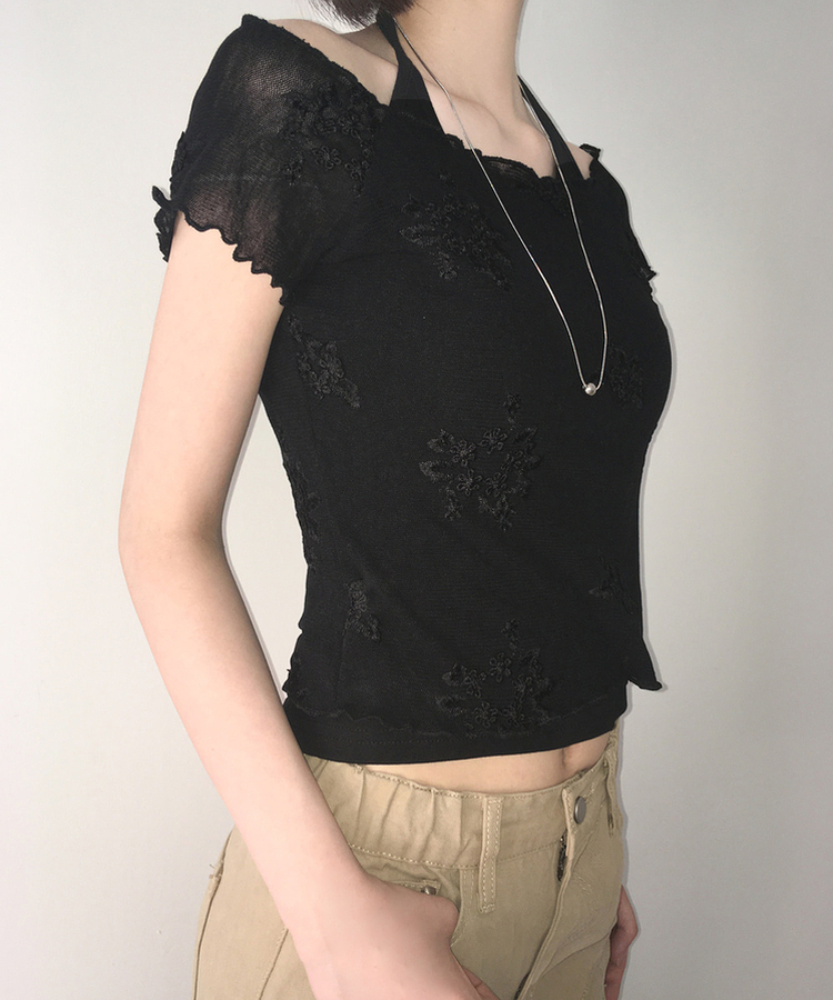【SET】花刺繍シアーTシャツ ホルターネックキャミソール BLACK