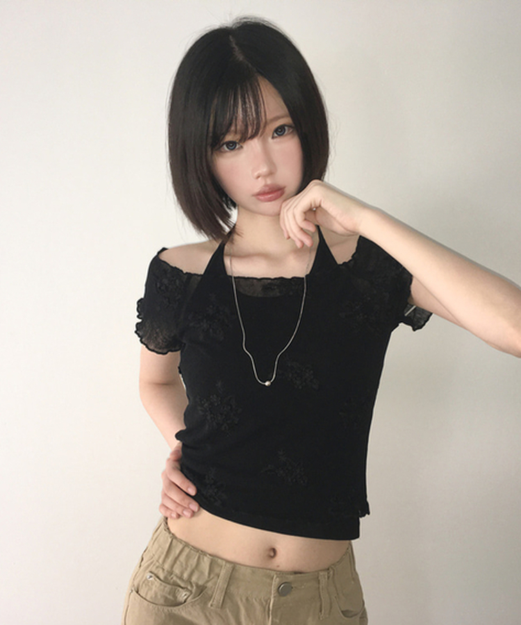 【SET】花刺繍シアーTシャツ ホルターネックキャミソール BLACK