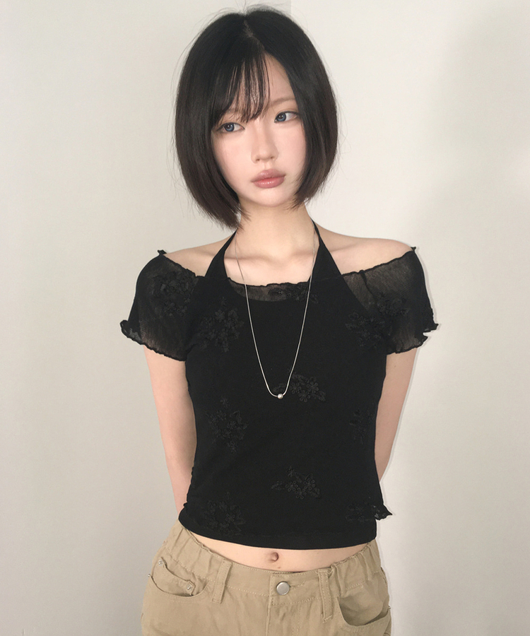 【SET】花刺繍シアーTシャツ ホルターネックキャミソール BLACK