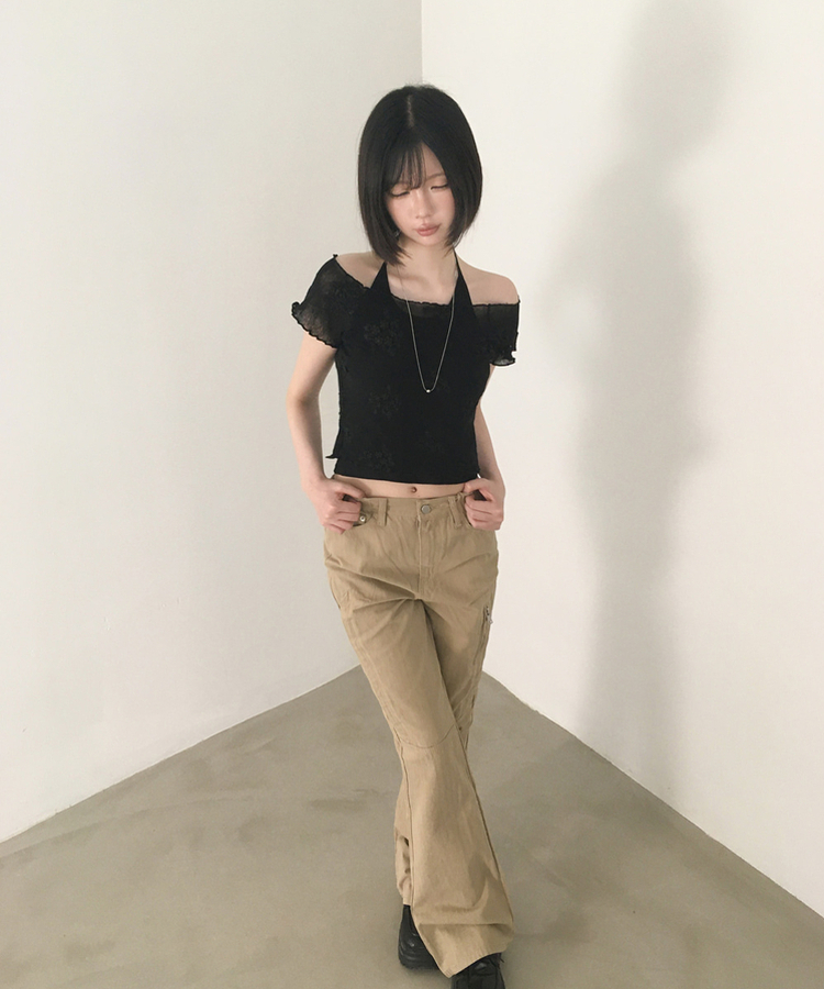 【SET】花刺繍シアーTシャツ ホルターネックキャミソール BLACK