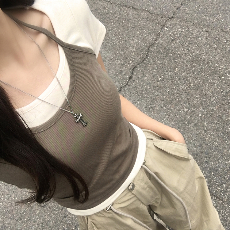 레이어드 효과 수리 홀터넥 라운드 나시 반팔 티셔츠 세트 여름 데일리 세미 크롭 반팔티 슬림핏 유넥 골지 상의 3color 크림-카키
