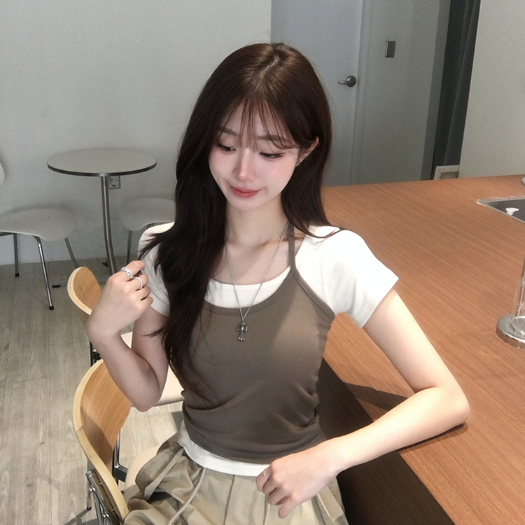 레이어드 효과 수리 홀터넥 라운드 나시 반팔 티셔츠 세트 여름 데일리 세미 크롭 반팔티 슬림핏 유넥 골지 상의 3color 크림-카키