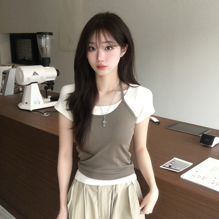 레이어드 효과 수리 홀터넥 라운드 나시 반팔 티셔츠 세트 여름 데일리 세미 크롭 반팔티 슬림핏 유넥 골지 상의 3color 크림-카키