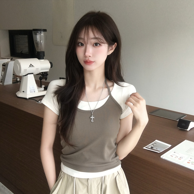 레이어드 효과 수리 홀터넥 라운드 나시 반팔 티셔츠 세트 여름 데일리 세미 크롭 반팔티 슬림핏 유넥 골지 상의 3color 크림-카키