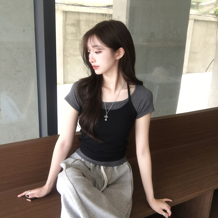 레이어드 효과 수리 홀터넥 라운드 나시 반팔 티셔츠 세트 여름 데일리 세미 크롭 반팔티 슬림핏 유넥 골지 상의 3color 검정-먹색