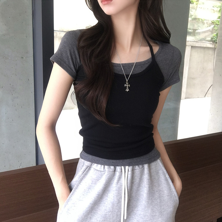 레이어드 효과 수리 홀터넥 라운드 나시 반팔 티셔츠 세트 여름 데일리 세미 크롭 반팔티 슬림핏 유넥 골지 상의 3color 검정-먹색