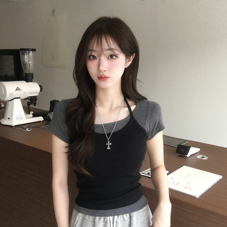 레이어드 효과 수리 홀터넥 라운드 나시 반팔 티셔츠 세트 여름 데일리 세미 크롭 반팔티 슬림핏 유넥 골지 상의 3color 검정-먹색