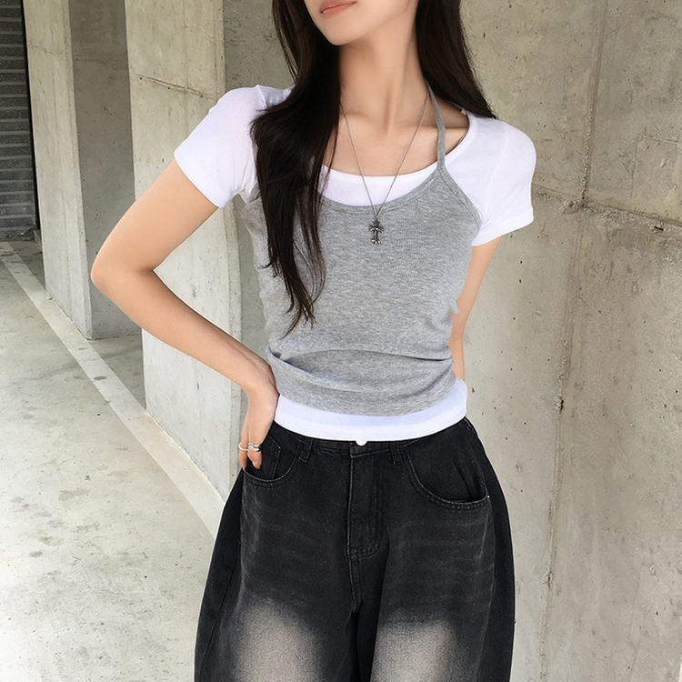 레이어드 효과 수리 홀터넥 라운드 나시 반팔 티셔츠 세트 여름 데일리 세미 크롭 반팔티 슬림핏 유넥 골지 상의 3color 아이보리-그레이