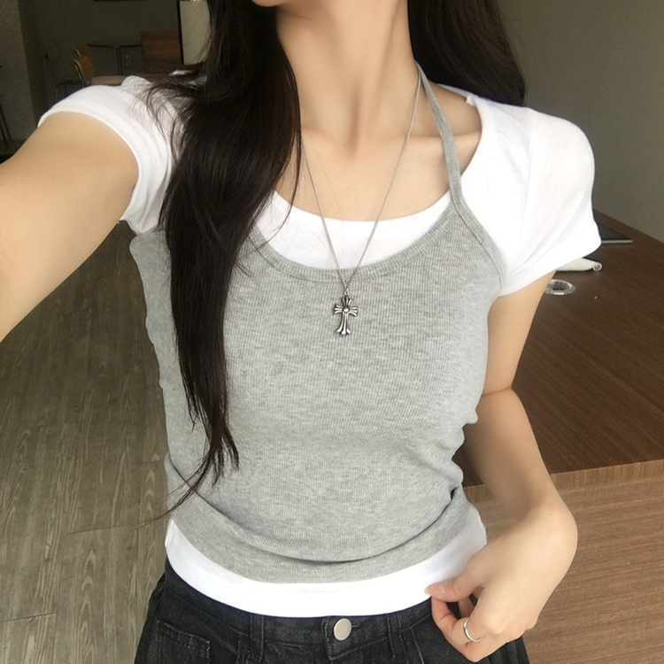 레이어드 효과 수리 홀터넥 라운드 나시 반팔 티셔츠 세트 여름 데일리 세미 크롭 반팔티 슬림핏 유넥 골지 상의 3color 아이보리-그레이