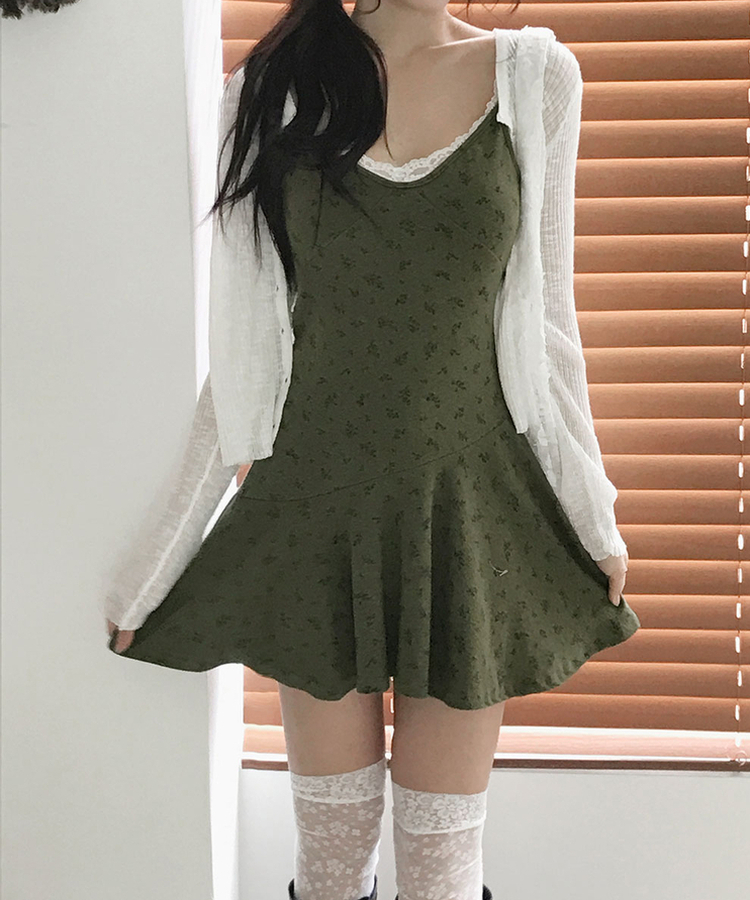小花柄フレアノースリーブワンピース KHAKI