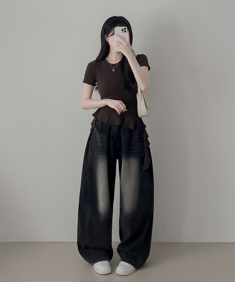 アンバランスフリル半袖Tシャツ CHESTNUT BROWN