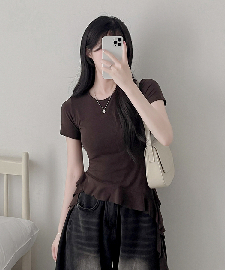 アンバランスフリル半袖Tシャツ CHESTNUT BROWN