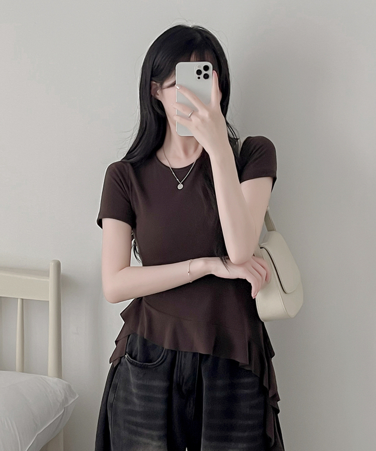 アンバランスフリル半袖Tシャツ CHESTNUT BROWN