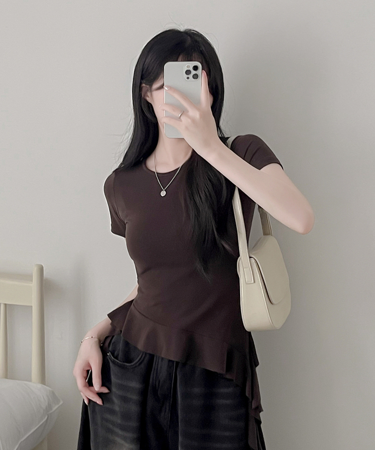 アンバランスフリル半袖Tシャツ CHESTNUT BROWN