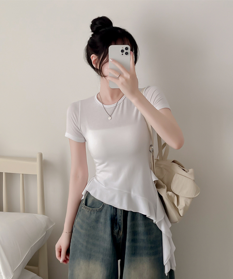アンバランスフリル半袖Tシャツ IVORY
