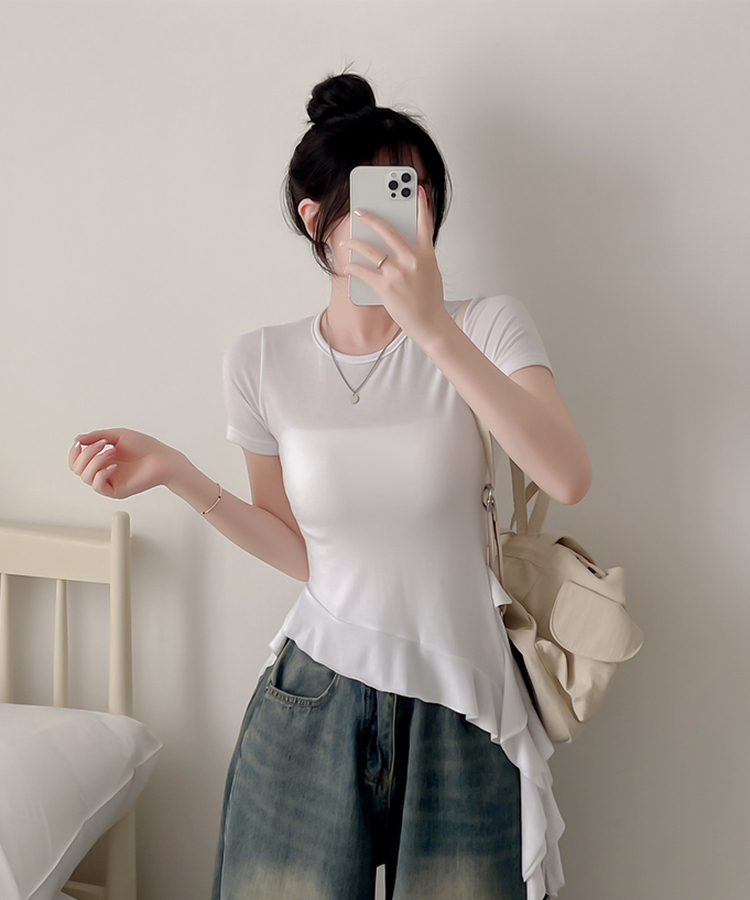 アンバランスフリル半袖Tシャツ IVORY