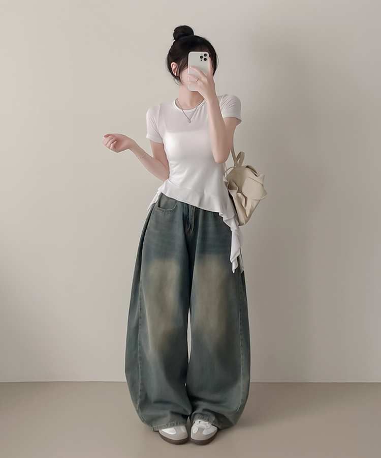 アンバランスフリル半袖Tシャツ IVORY