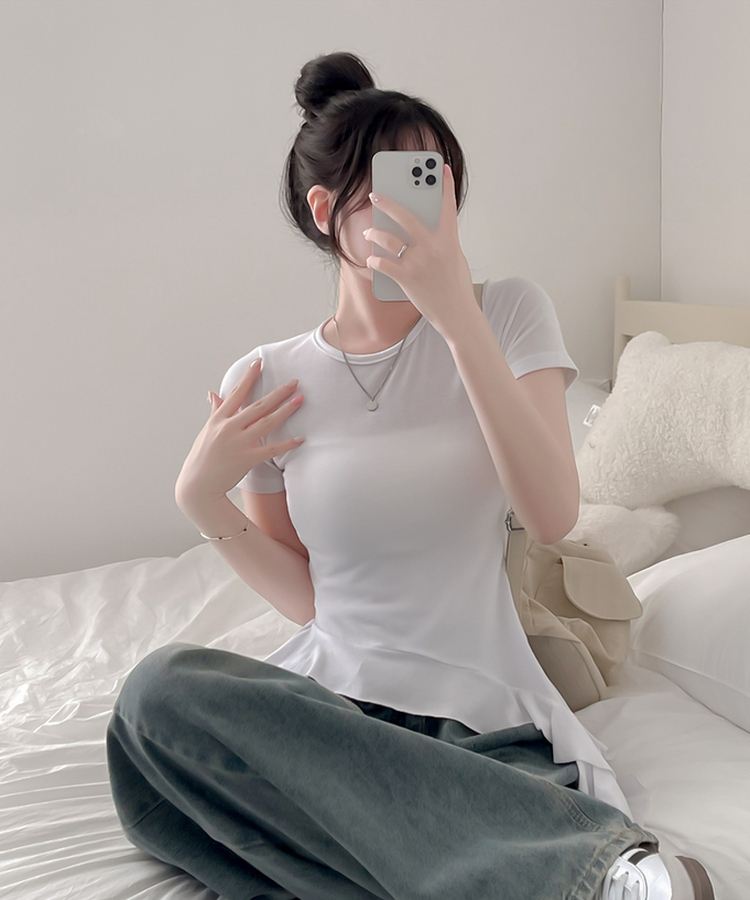 アンバランスフリル半袖Tシャツ IVORY