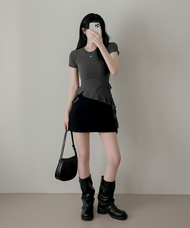 アンバランスフリル半袖Tシャツ CHARCOAL