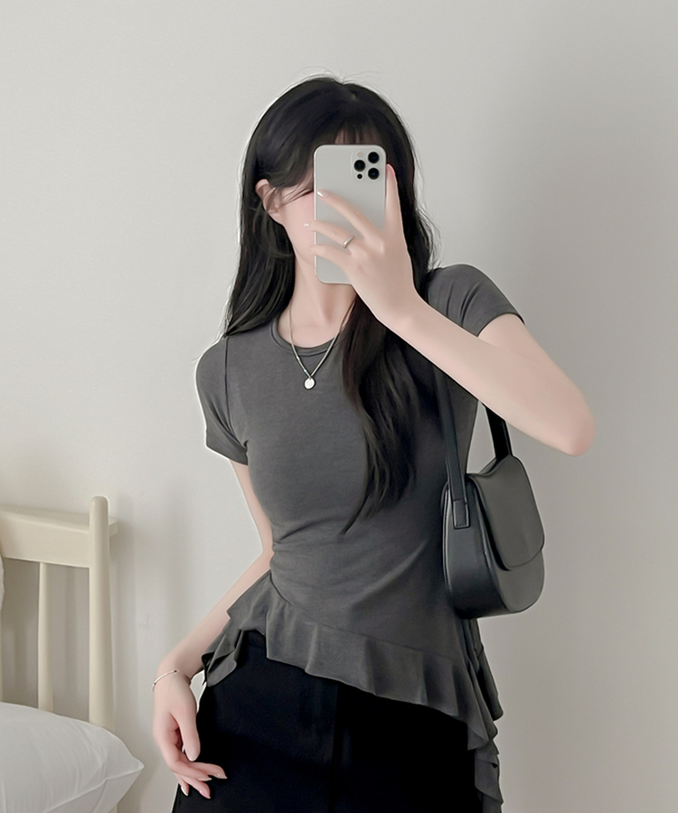 アンバランスフリル半袖Tシャツ CHARCOAL