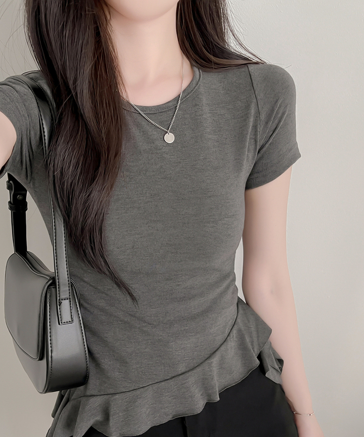 アンバランスフリル半袖Tシャツ CHARCOAL
