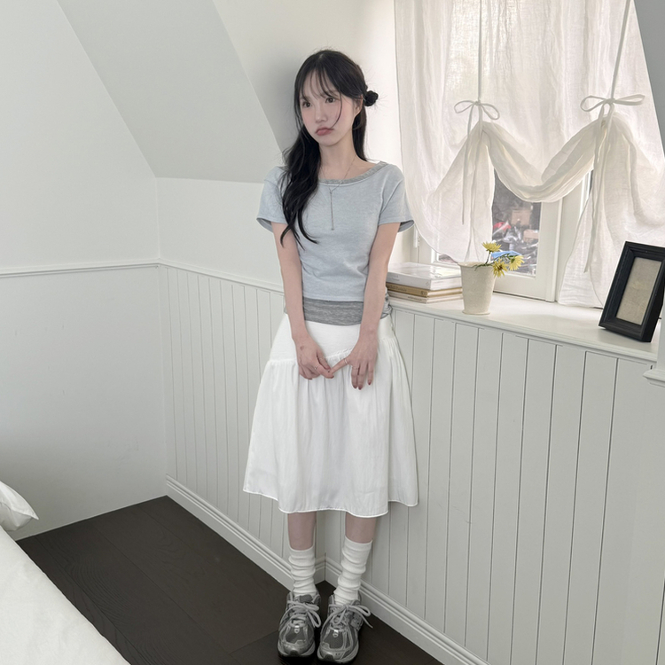 レイヤードボートネックシャーリング半袖トップス(5color) SKY BLUE-KNIT