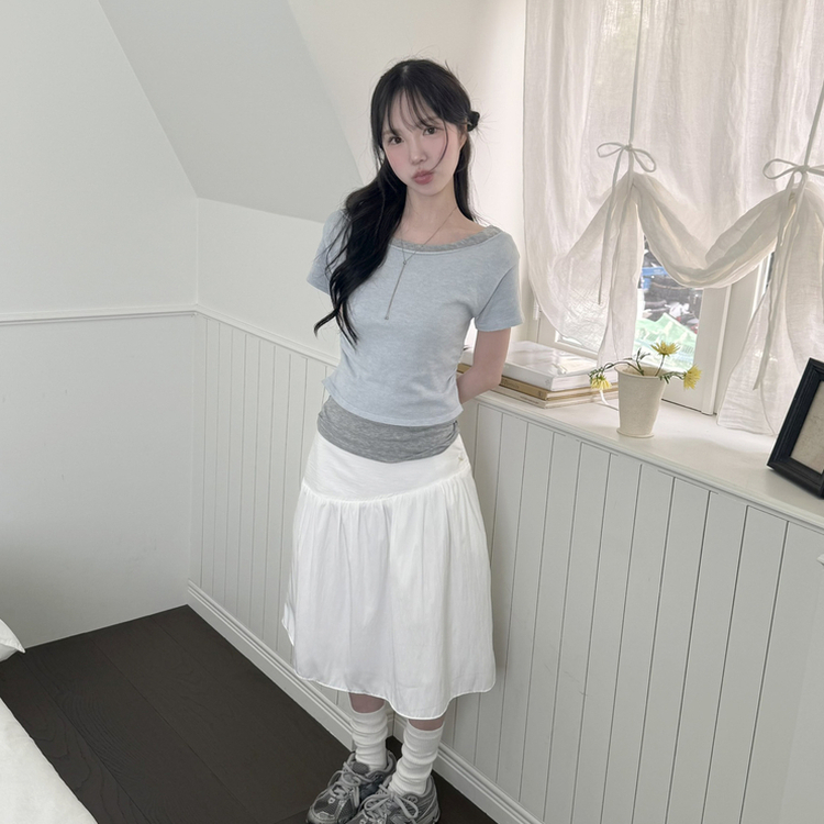 レイヤードボートネックシャーリング半袖トップス(5color) SKY BLUE-KNIT
