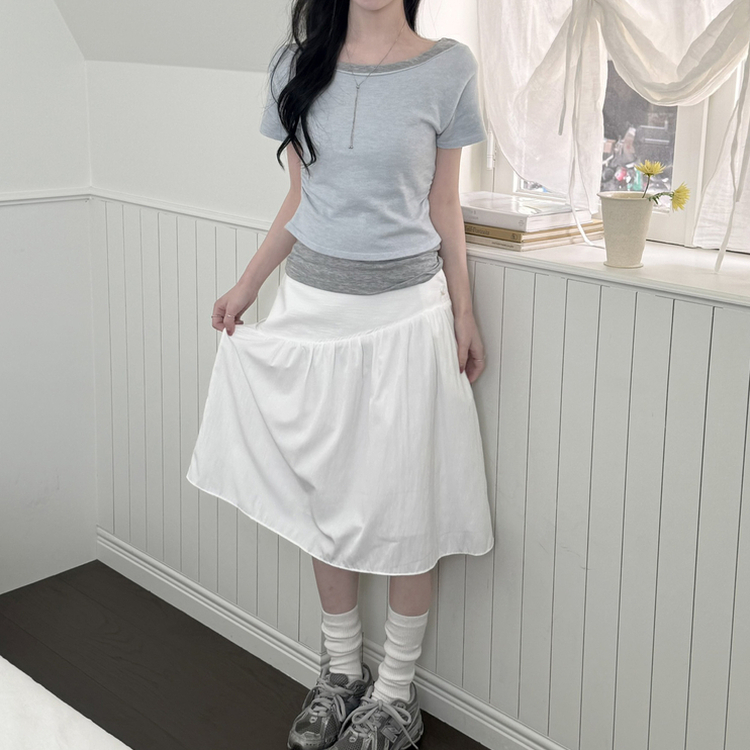 レイヤードボートネックシャーリング半袖トップス(5color) SKY BLUE-KNIT