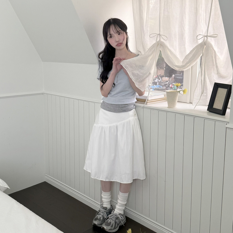 レイヤードボートネックシャーリング半袖トップス(5color) SKY BLUE-KNIT