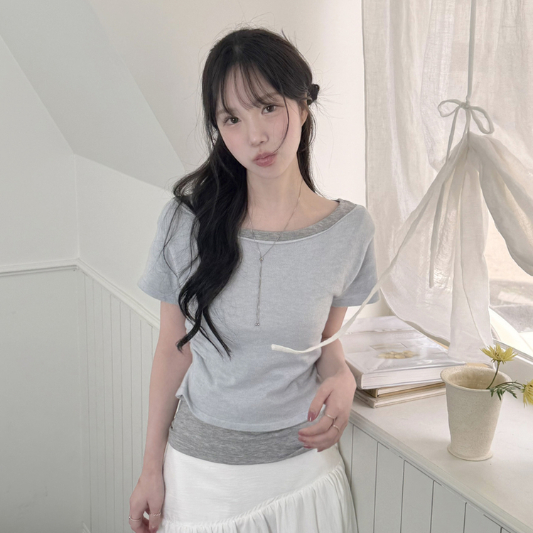 レイヤードボートネックシャーリング半袖トップス(5color) SKY BLUE-KNIT