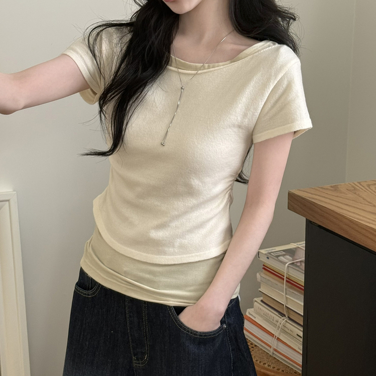 レイヤードボートネックシャーリング半袖トップス(5color) CREAM-KNIT