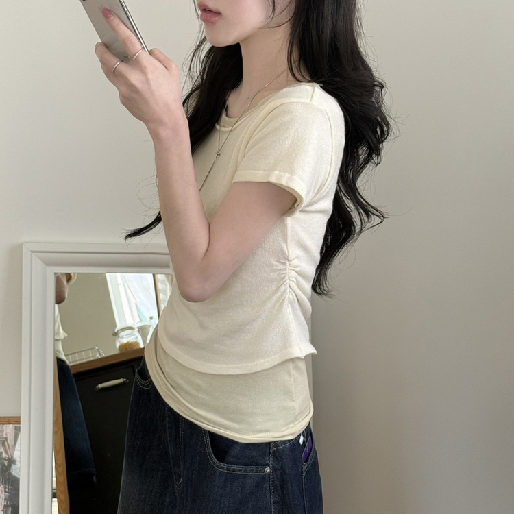 レイヤードボートネックシャーリング半袖トップス(5color) CREAM-KNIT