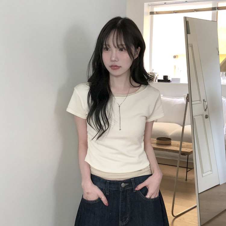 レイヤードボートネックシャーリング半袖トップス(5color) CREAM-KNIT