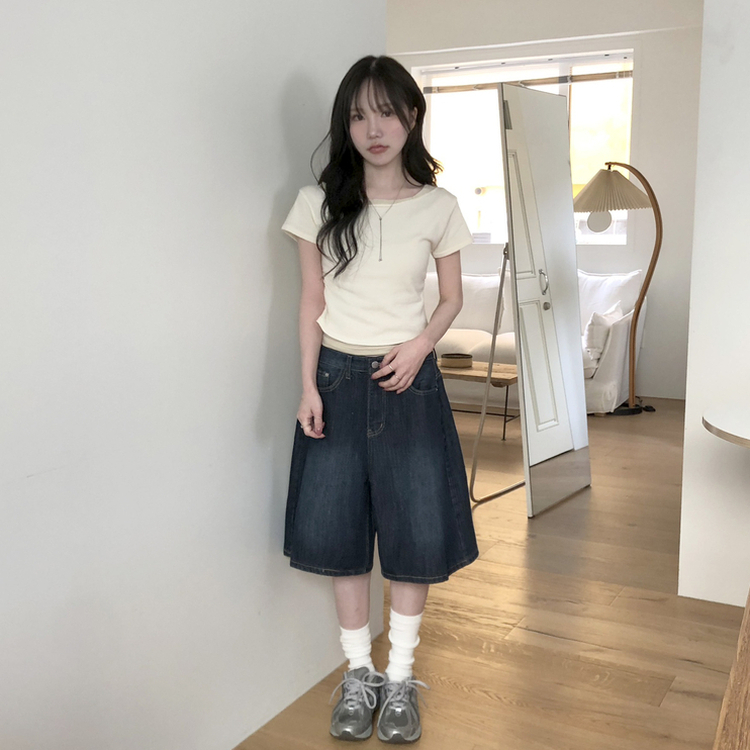 レイヤードボートネックシャーリング半袖トップス(5color) CREAM-KNIT