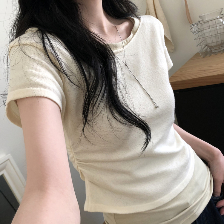 レイヤードボートネックシャーリング半袖トップス(5color) CREAM-KNIT