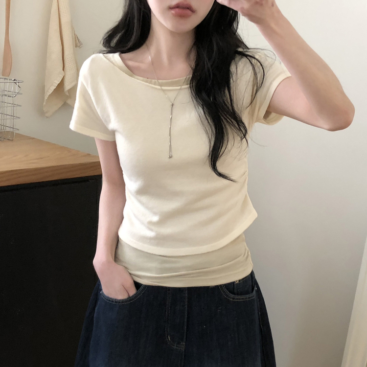 レイヤードボートネックシャーリング半袖トップス(5color) CREAM-KNIT