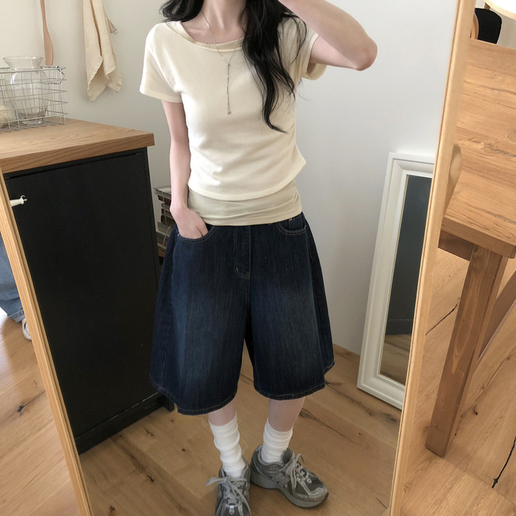 レイヤードボートネックシャーリング半袖トップス(5color) CREAM-KNIT
